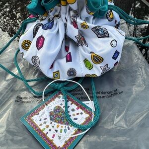 Brighton White and Teal Drawstring Jewelry pouch NWT!